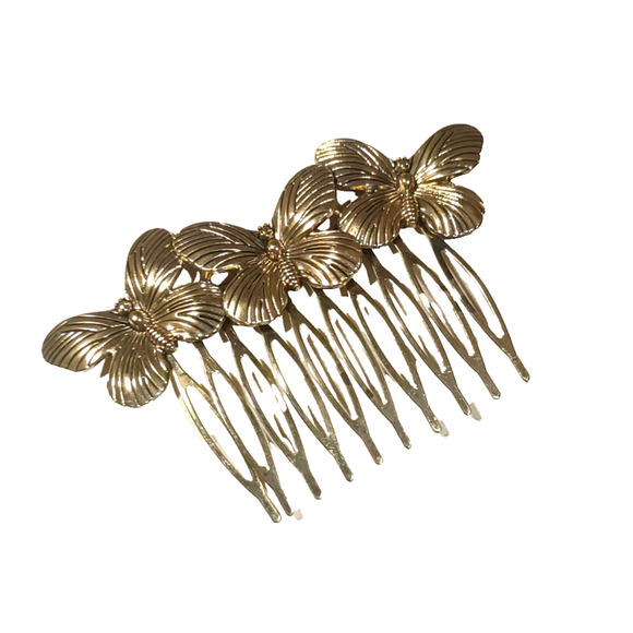 Gold Tone Hair Comb Barrette Butterfly Spring - Picture 1 of 6